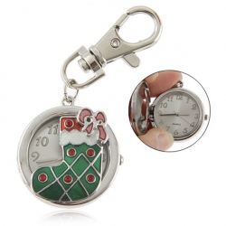 Amanda49 Chic Round Dial Pocket Wrist Watch with Christmas Sock Patterned and Keychain - Silver