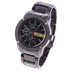 Amanda49 Fashion Waterproof Chronometer Japan Movt Black Dial Watch with Strip Hour Marks and Date Display- Black