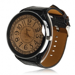 Amanda49 Stylish and Large 12 Hour Marks Display Leather Watchband Quartz Watch with Wide Watchband - Black