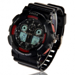 Amanda49 Rubber Double Movement Watch w/ Alarm and Day of Week - Black with Red