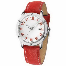 Amanda49 Stylish and Large 12 Hour Marks Display Leather Watchband Quartz Watch with Wide Watchband - Red