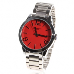 Amanda49 Stylish 8516 Round Red Dial Stainless Steel Wrist Watch with 3 Black Arabic Numerals Hour Marks - White