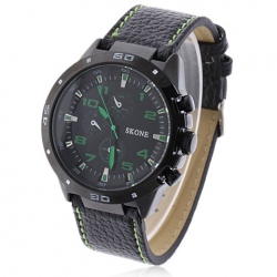 Amanda49 Chic 9064 Round Dial Leather Wrist Watch with Green Numerals Hour Marks for Men - Black