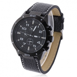 Amanda49 Chic 9064 Round Dial Leather Wrist Watch with White Numerals Hour Marks for Men - Black