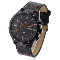 Amanda49 Chic 9064 Round Dial Leather Wrist Watch with Orange Numerals Hour Marks for Men - Black