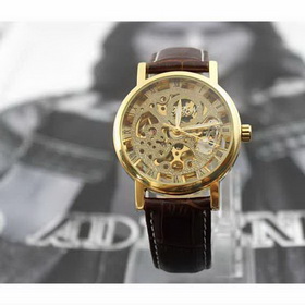 Amanda49 Chic Round Golden Dial Leather Wristband Auto Automatic Mechanical Wrist Watch with Strips Hour Marks for Men - Brown