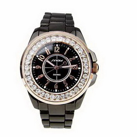 Amanda49 Chic A1099L Round Dial Rhinestone Decoration Steel Wrist Watch for Women - Black