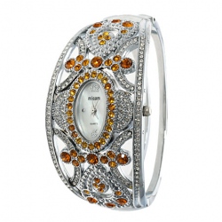 Amanda49 Elegant 2 Arabic Numerals & 2 Dots Hour Markers Silver Bracelet Wrist Watch (Gold Diamonds)