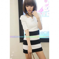 Amanda49 Fashionable and Fittless Stripe Patterns Puff Sleeve Dress