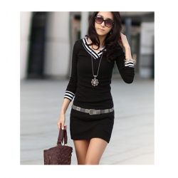 Amanda49 Fashion V-Neck Black Cherry Cotton Long Sleeve Dress--Women's Dresses