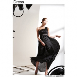 Amanda49 Noble Elagant Singal Shoulder Elastic Black Polyester Sleeveless Long Dress--Women's Dresses