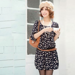 Amanda49 Frills Neckline Elastic Wasit Cotton Half Sleeves Dress--Women's Dresses