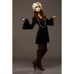 Amanda49 Special Gathered Design Loose Black Puff Sleeves Dress--Women's Dresses
