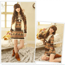 Amanda49 Sweety Snow Patterns V-Neck Lace Hem Long Sleeves Dress For Women
