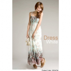 Amanda49 Elegant High Elastic Waist Printed White Chiffon Women's Long Sleeveless Dresses with Inner Lining