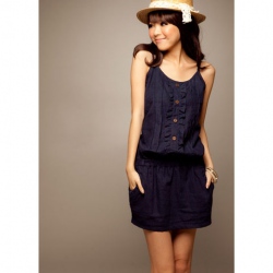 Amanda49 Sweet and Lovely Slim Strap Navy Cotton Short Dress--Women's Dresses