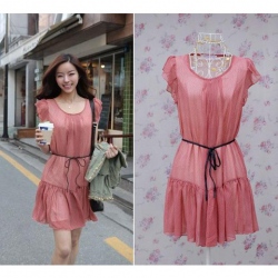 Amanda49 Fashionable Round Neckline Ruffled Hem Design Delicate Chiffon Dress With Belt