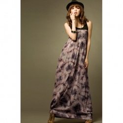 Amanda49 Vintage Splicing Elastic Waist Cotton Sleeveless Long Dress--Women's Dresses