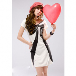 Amanda49 Sweet Printed Bow Round Neckline Short Sleeve Dress--Women's Dresses