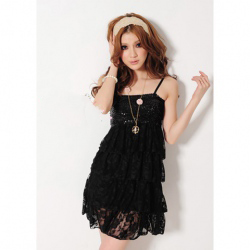 Amanda49 Layered Lace + Sequins Design Black Dress--Women's Dresses