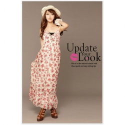 Amanda49 Sweet Patterns Deep V-Neck Chiffon Maxi Dress--Women's Dresses