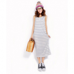 Amanda49 Cute Stripe Loose Cotton Grey Sleeveless Long Dress--Women's Dresses