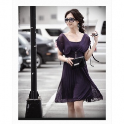 Amanda49 Shoulders Drawstring Design Purple Chiffon Short Sleeve Dress--Women's Dresses