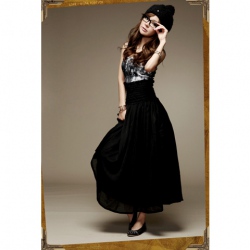 Amanda49 Elastic Waist with Zipper Chiffon Black Long Skirt--Women's Dresses