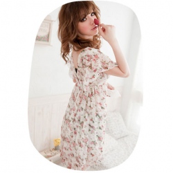 Amanda49 Romantic V Neckline Chiffon Short Sleeves Dress--Women's Dresses