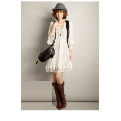 Amanda49 V Neckline Chiffon Lace Hem Design Half Sleeves Sweet Dress--Women's Dresses