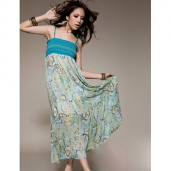 Amanda49 High Elastic Waist Camisole Chiffon Green Sleeveless Long Dress--Women's Dresses
