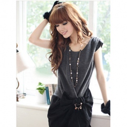 Amanda49 Stylish Grey Cotton Shining Diamond Cuff Waist Women's Sleeveless Dresses