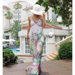 Amanda49 Stylish Deep V-Neckline Bohemian Style Spaghetti Strap Maxi Dress
