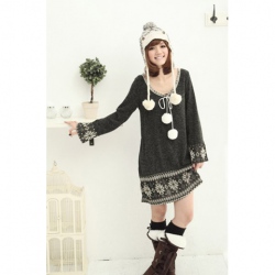 Amanda49 Round Neckline Snow Pattern Black Long Sleeves Loose Dress--Women's Dresses