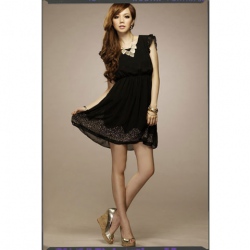 Amanda49 OL Simple Style Black Chiffon with Lace Short Sleeve Dress--Women's Dresses