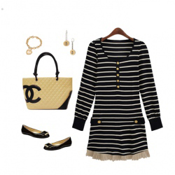 Amanda49 Cotton Round Nneckline Stripe Patterns Lace Hem Dress (Black)