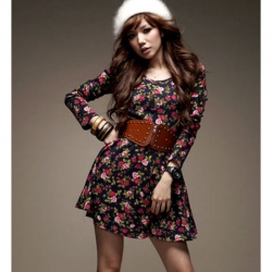 Amanda49 Fashion Printed High Waist Red Long Sleeves Dress--Women's Dresses