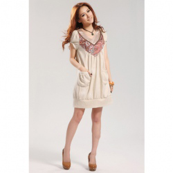 Amanda49 Beautiful V-Neck M Size Apricot Cotton Short Sleeve Dress--Women's Dresses