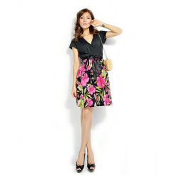 Amanda49 V Neck Cotton Bow Black Short Sleeve Dress--Women's Dresses