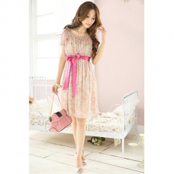 Amanda49 Sweet Bowknot Flowers Chiffon Sleeves Dress--Women's Dresses