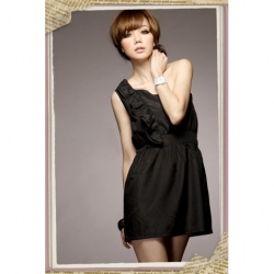 Amanda49 One-Shoulder Oblique Lotus Leaf Shape Design Short Dress--Women's Dresses(Black)