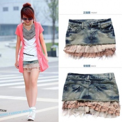 Amanda49 Stylish Layered Ruffles Lace Hem Design Fitness Jean skirts