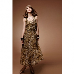Amanda49 Sexy Panther Print Shoulder Strap Chiffon Sleeveless Long Dress--Women's Dresses