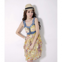 Amanda49 Specially Printed Patterns Yellow Chiffon + Tannin Sleeveless Dress--Women's Dresses