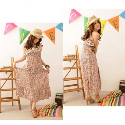 Amanda49 Cotton Collar and Elastic Waist Design Apricot Maxi Dress--Women's Dresses