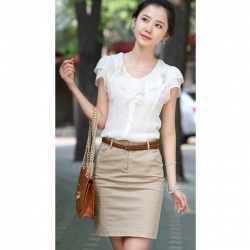 Amanda49 Slim Frills Neckline White Terylene Sleeves Shirt For Women