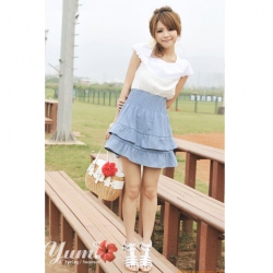 Amanda49 Lotus Leaf Shape Lace Collar High Waist Cascading Style Stitching Denim Skirt