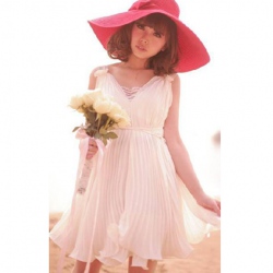Amanda49 Exquisite Frill Sleeveless Beige Thick Chiffon Short Dress with String and Bra Pad--Women's Dresses
