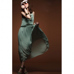 Amanda49 Elegant Lotus Leaf Collar Elastic Ruffles Green Chiffon Long Sleeveless Dress--Women's Dresses