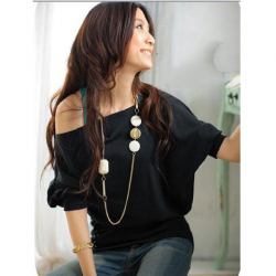 Amanda49 Off-Shoulder Tighting Sleeves Black Cotton with Pearl Half Sleeves Blouse--Women's Blouses